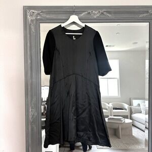 Hache Black Wool Blend Midi Dress V Neck Sheer Sleeve Satin Dress 38